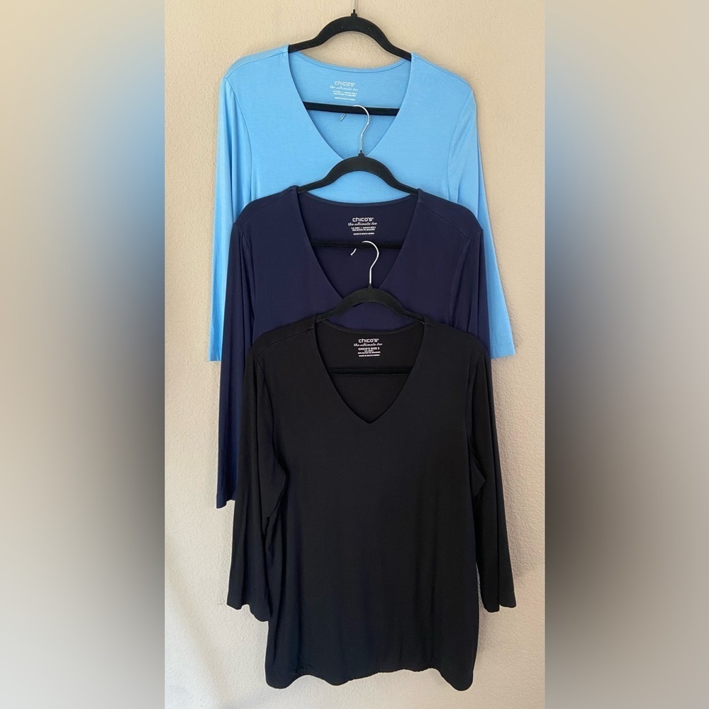 Chico's Women's The Ultimate Tee 3/4 Sleeve - Light Blue, Navy, Black Sz 2 Large